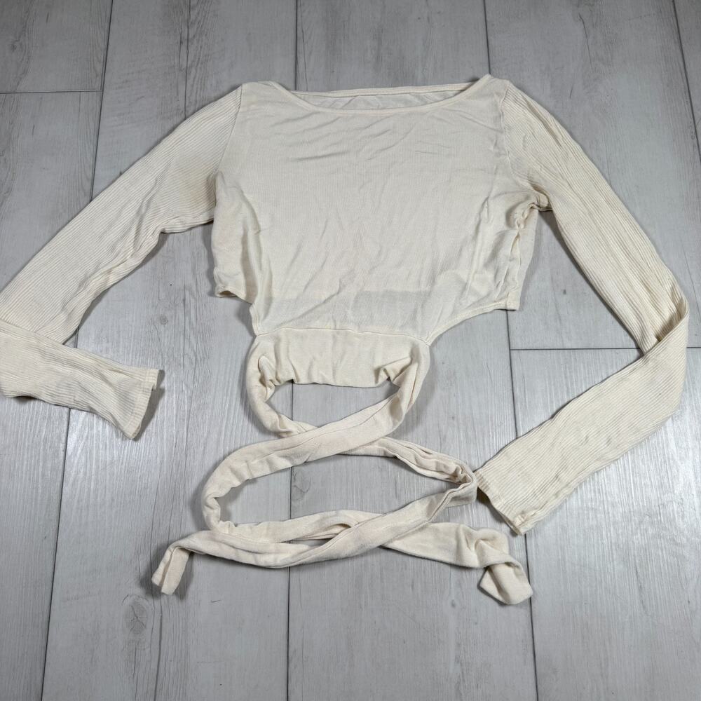 ALO Yoga Top Women's Size Small White Ribbed Waist Tie Wrap Long Sleeve